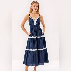 New Lilly Pulitzer Zanna Embroidered Dress Sapphire Pool Size 14 Midi Cotton